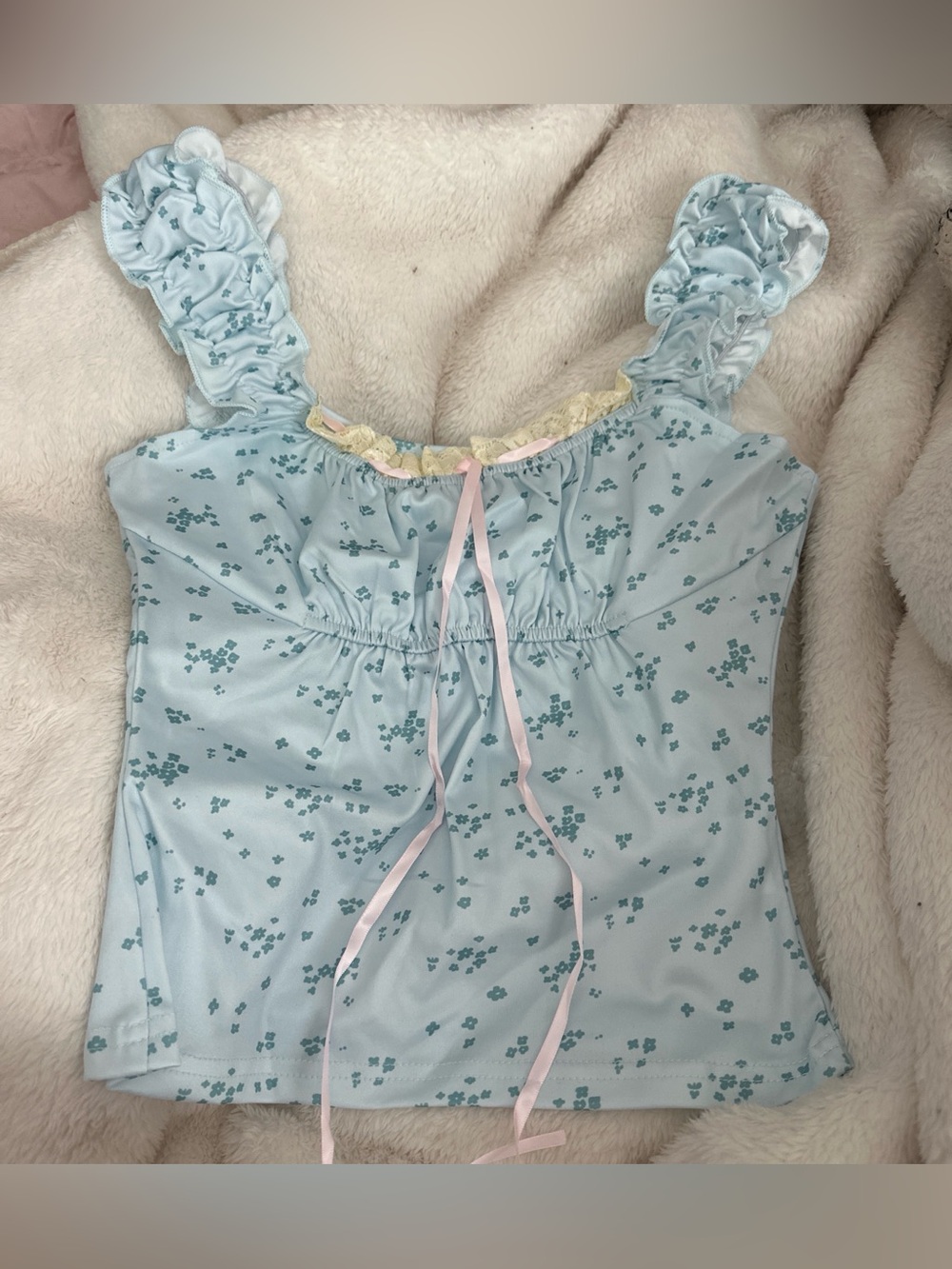 Light Blue Floral Ruffle Strap Tank Top